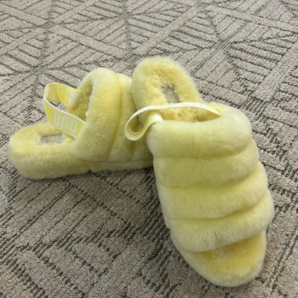 UGG Neon Soft Yellow Fluffy Slides size 11 - Picture 3 of 11